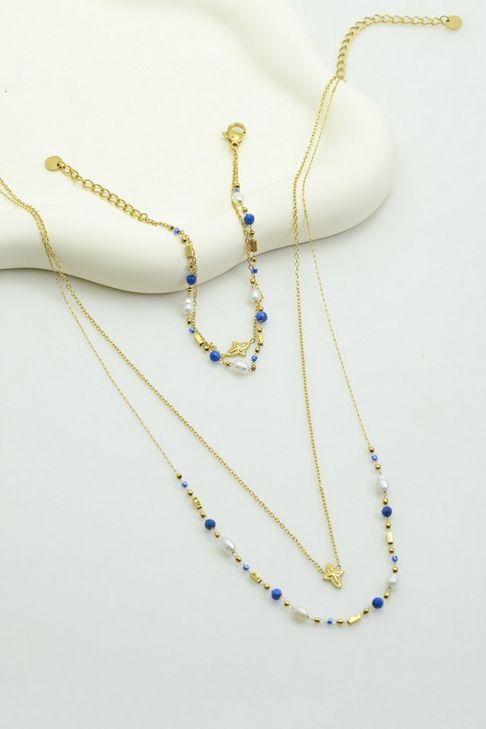 A0889B-N Parure collier et bracelet en acier inoxydable doré, pierres naturelles, perles d’eau douce et perles rocailles-BLEU
