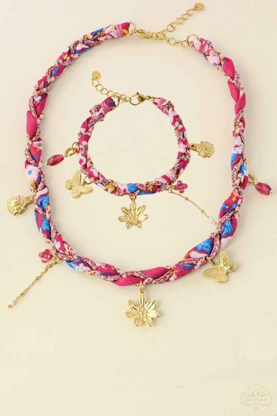 A0799B-N Parure collier & bracelet en acier inoxydable doré, tissu tressé-MULTICOULEUR