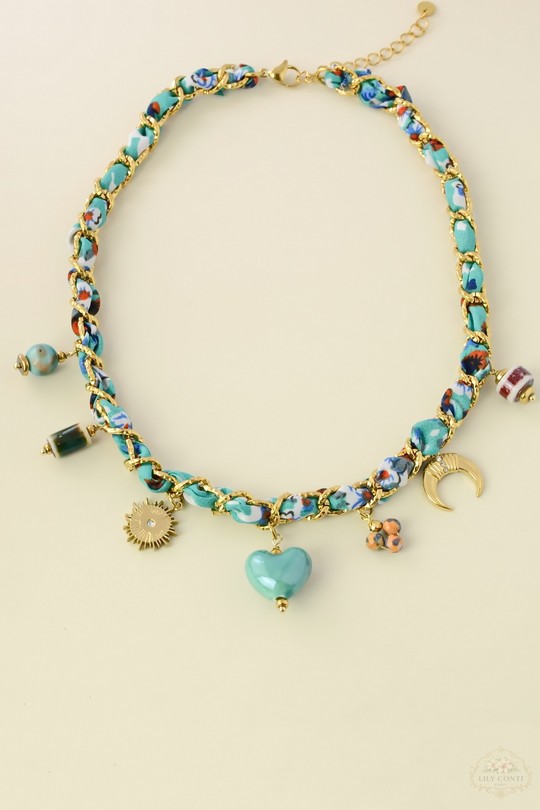 A0800N-Collier en acier inoxydable doré, tissu tressé et céramique-MULTICOULEUR