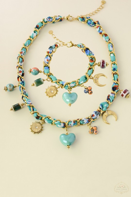 A0800B-N Parure collier & bracelet en acier inoxydable doré, tissu tressé et céramique-MULTICOULEUR