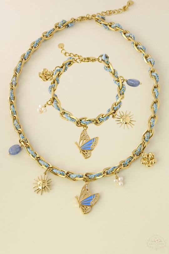 A0801B-N Parure collier & bracelet en acier inoxydable doré et cordon tressé-BLEU