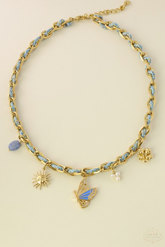 A0801N-Collier en acier inoxydable doré et cordon tressé-BLEU
