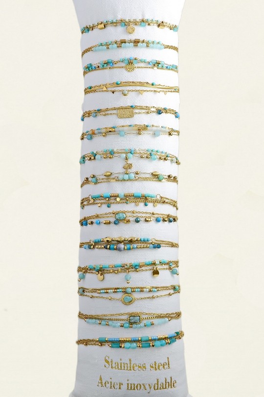 3619-14 Lot de 15 bracelets 3 rangs en acier inoxydable doré avec pierres naturelles, perles et autres matériaux-TUQUOISE