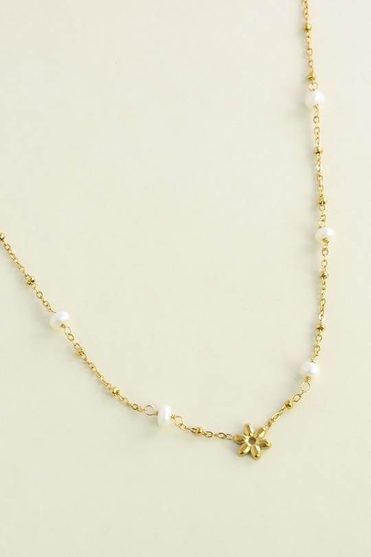 A0780N-10 Collier en acier inoxydable fleur et perles d’eau douce-BLANC