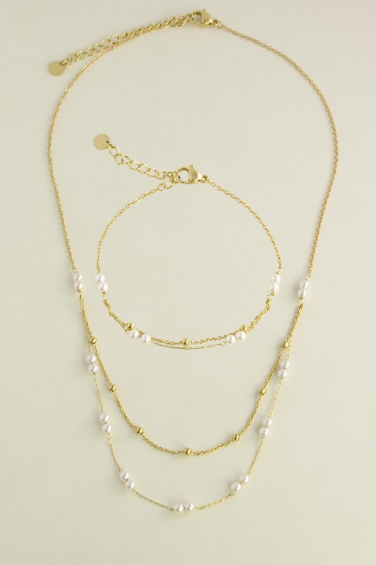 A0777B-N Parure collier et bracelet en acier inoxydable et perles d’imitation-BLANC