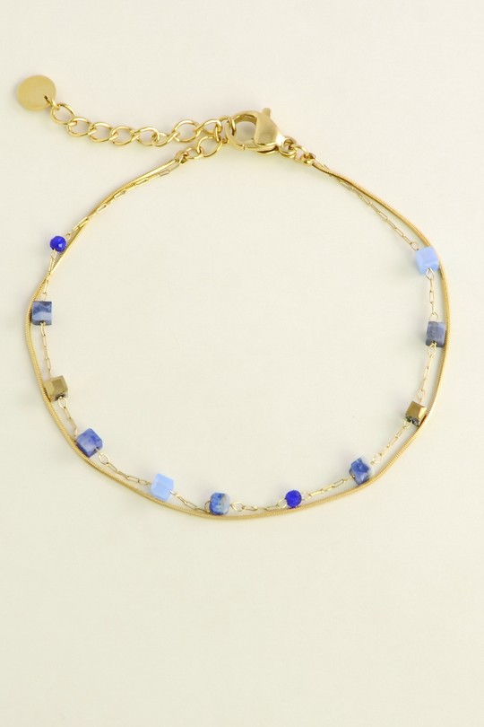 A0888B-Bracelet double rang doré en acier inoxydable, pierres naturelles-BLEU