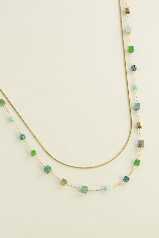 A0888N-Collier double rang doré en acier inoxydable, pierres naturelles-VERT