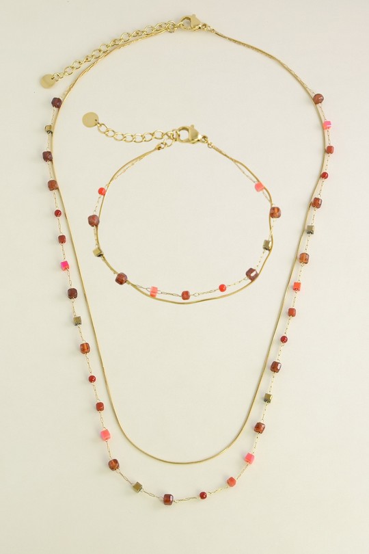 A0888B-N Parure collier et bracelet en acier inoxydable, pierres naturelles-ROUGE