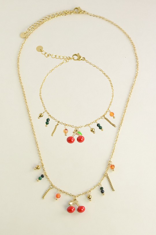 A0921B-N Parure collier et bracelet dorés en acier inoxydable avec breloque cerise-ROUGE
