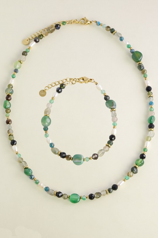 A0906B-N Parure collier et bracelet dorés en acier inoxydable avec pierres naturelles et perles d’eau douce-VERT