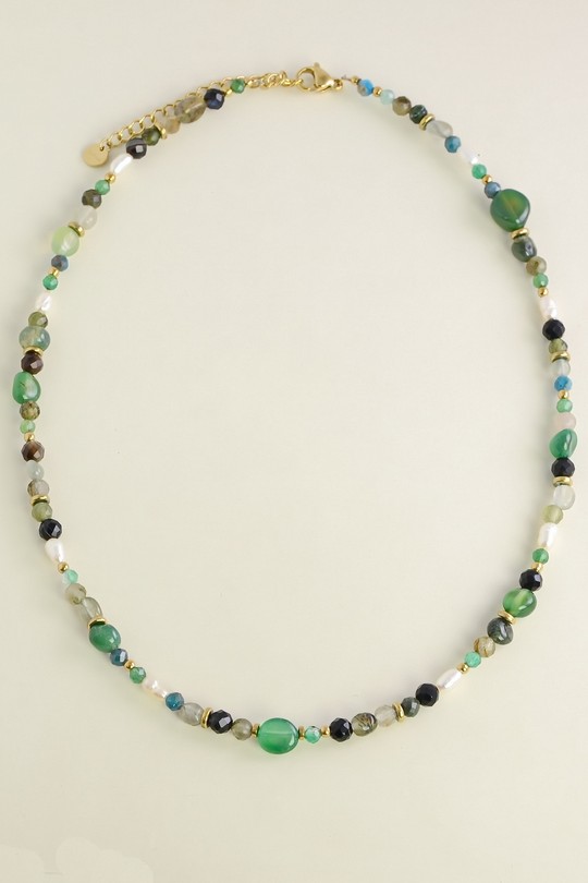 A0906N-Collier doré en acier inoxydable avec pierres naturelles et perles d’eau douce-VERT