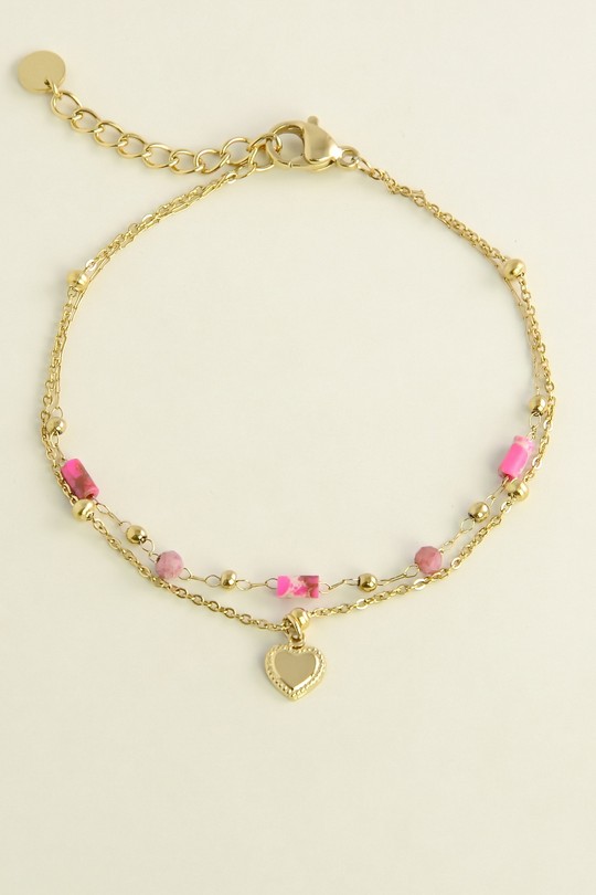A0891B-Bracelet doré en acier inoxydable avec pierres naturelles et pendentif cœur-FUCHSIA