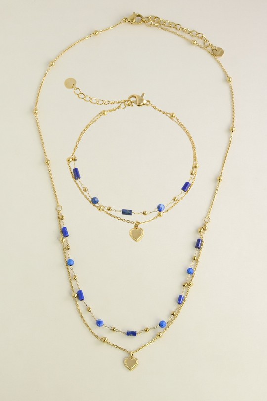 A0891B-N Parure collier et bracelet dorés en acier inoxydable avec pierres naturelles-BLEU FONCÉ