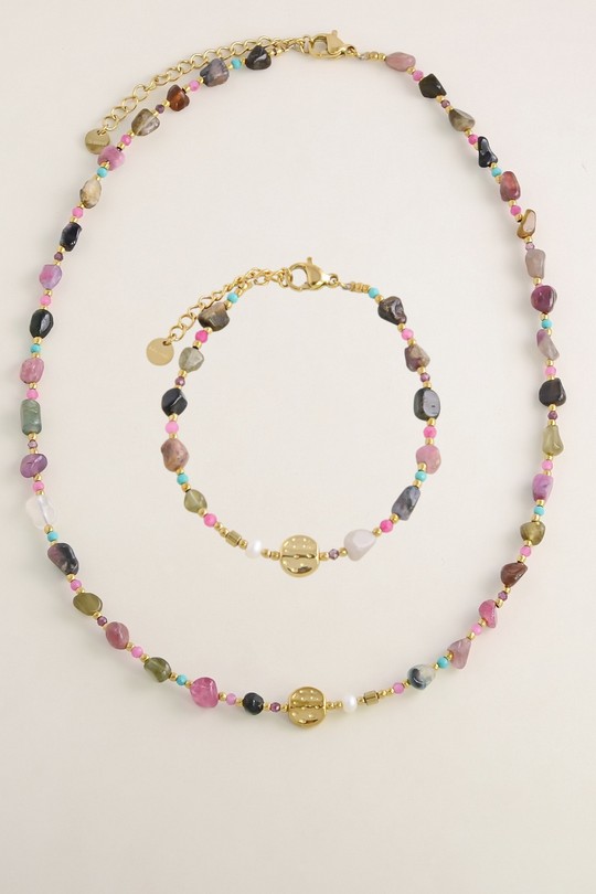 A0910B-N Parure collier et bracelet dorés en acier inoxydable avec pierres naturelles-MULTICOULEUR