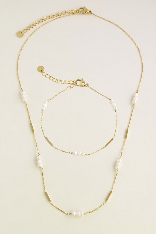 A0876B-N-10 Parure collier et bracelet dorés en acier inoxydable et perles d’eau douce-BLANC