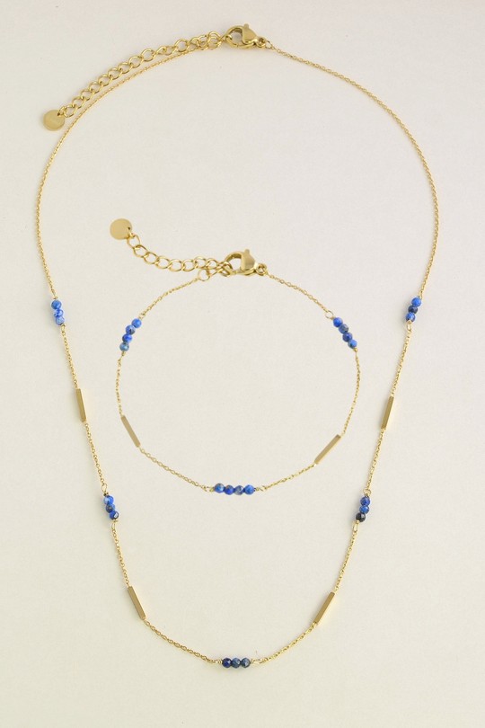 A0876B-N  Parure collier et bracelet dorés en acier inoxydable et pierres naturelles-BLEU FONCÉ