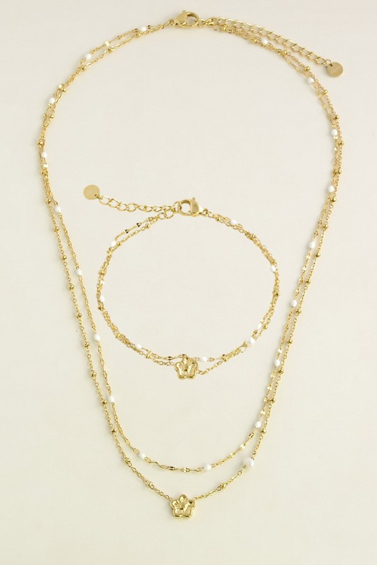 A0835B-N-10 Parure dorée en acier inoxydable avec chaîne émaillée et perles d’eau douce-BLANC
