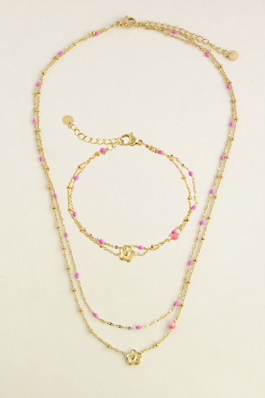 A0835B-N-Parure dorée en acier inoxydable avec chaîne émaillée et pierre naturelle-FUCHSIA