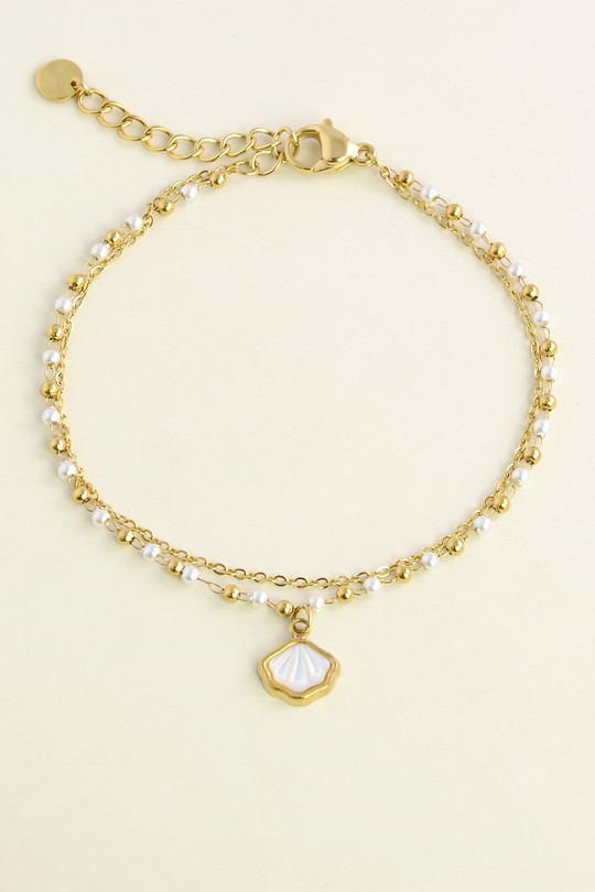 A0931B-10 Bracelet 2 rangs coquillage en acier inoxydable doré et perles d’imitation-BLANC