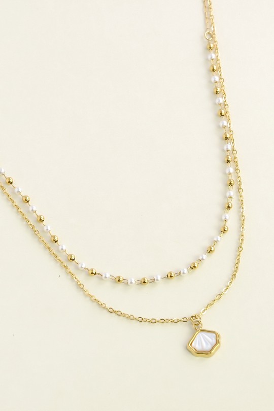 A0931N-Collier 2 rangs coquillage en acier inoxydable doré et perles d’imitation-BLANC