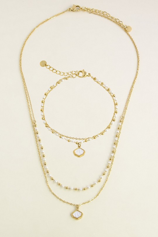 A0931B-N-Parure 2 rangs coquillage en acier inoxydable doré et perles d’imitation-BLANC