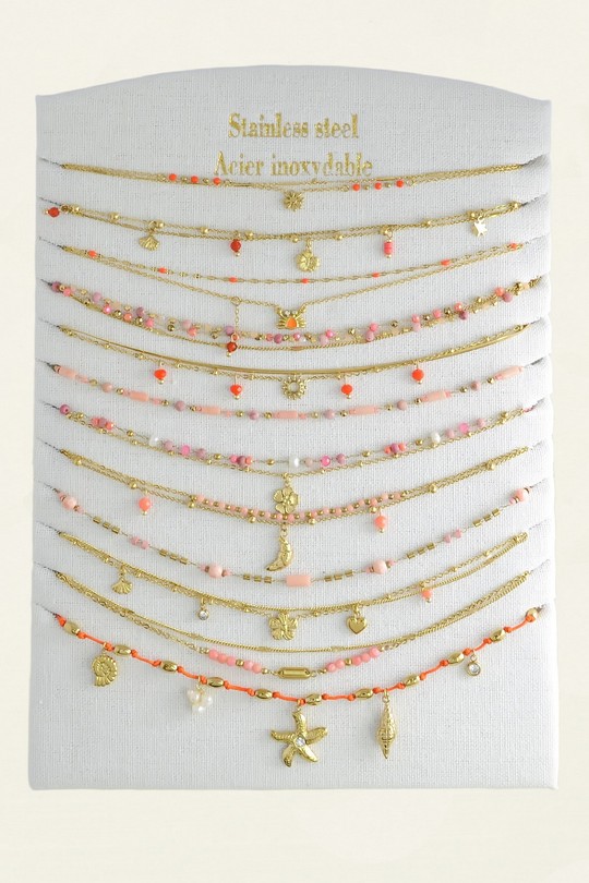 1606-12 Lot de 12 bracelets en acier inoxydable doré, pierres et autres matériaux-ORANGE