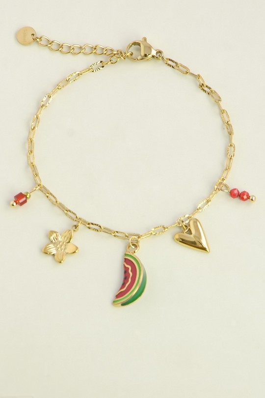 A0919B-Bracelet pastèque en acier inoxydable doré et émail-ROUGE