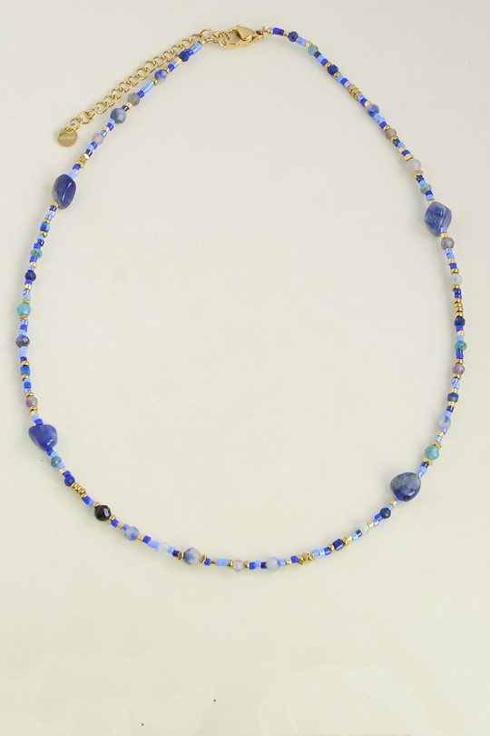 A0904N-Collier en acier inoxydable doré, pierres et perles rocailles-BLEU FONCÉ