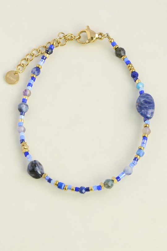 A0904B-Bracelet en acier inoxydable doré, pierres et perles rocailles-BLEU FONCÉ