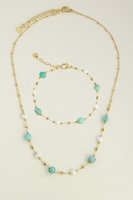 A0940B-N Parure dorée en acier inoxydable, perles d’eau douce et pierres-TUQUOISE