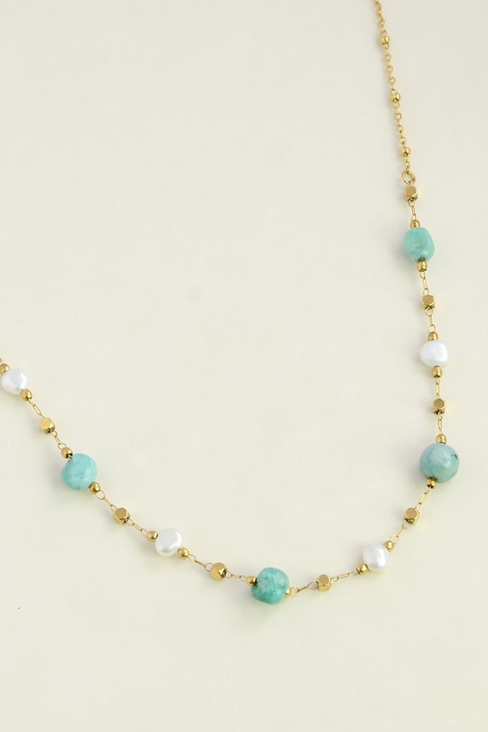 A0940N-Collier doré en acier inoxydable, perles d’eau douce et pierres-TUQUOISE
