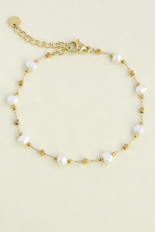 A0940B-10 Bracelet doré en acier inoxydable et perles d’eau douce-BLANC