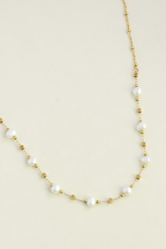 A0940N-10 Collier doré en acier inoxydable et perles d’eau douce-BLANC