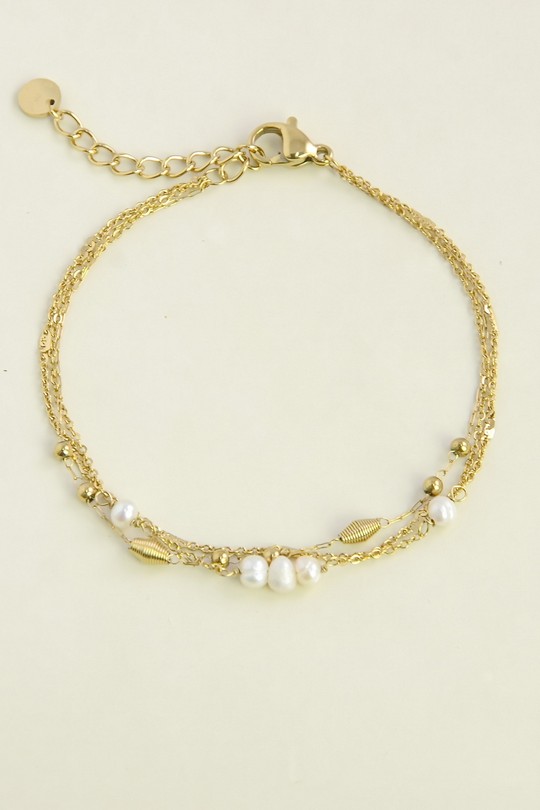 AL0788B-10 Bracelet 3 rangs doré en acier inoxydable et perles d’eau douce-BLANC