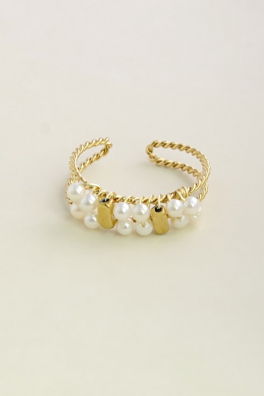 A0698R-10 Bague ajustable dorée en acier inoxydable et perles d’imitation-BLANC