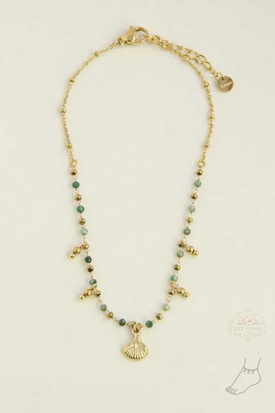A0926A-Chaîne de cheville dorée en acier inoxydable, pierres facettées et pendentif coquillage-VERT