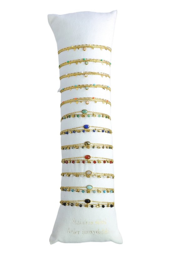 3631-11 Lot de 12 bracelets dorés en acier inoxydable et pierres facettées-MULTICOULEUR