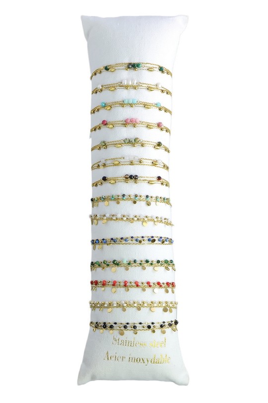3632-11 Lot de 14 bracelets dorés en acier inoxydable, pierres facettées et perles décoratives-MULTICOULEUR