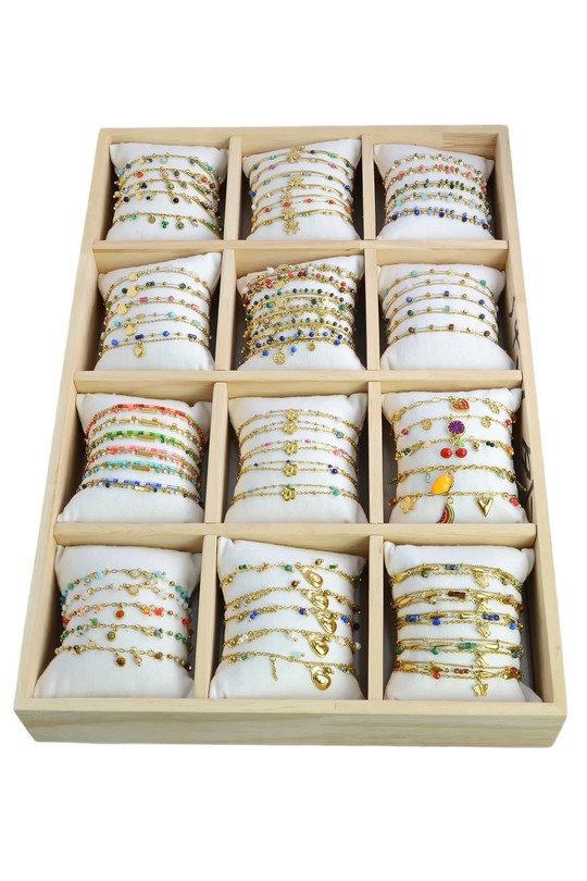 3633-11 Lot de 63 bracelets dorés en acier inoxydable avec présentoir en bois-MULTICOULEUR