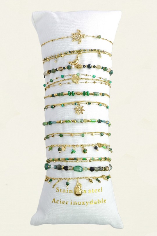 309-4 Lot de 12 bracelets en acier inoxydable doré – pierres & autres matériaux-VERT FONCÉ