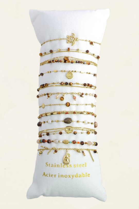 309-6 Lot de 12 bracelets en acier inoxydable doré – pierres & autres matériaux-MARRON