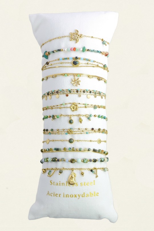 309-3 Lot de 12 bracelets en acier inoxydable doré – pierres & autres matériaux-VERT