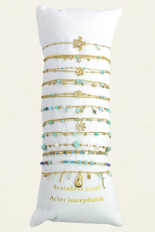309-14 Lot de 12 bracelets en acier inoxydable doré – pierres & autres matériaux-TUQUOISE