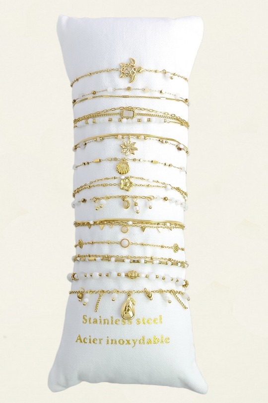 309-9 Lot de 12 bracelets en acier inoxydable doré – pierres & autres matériaux-BLANC