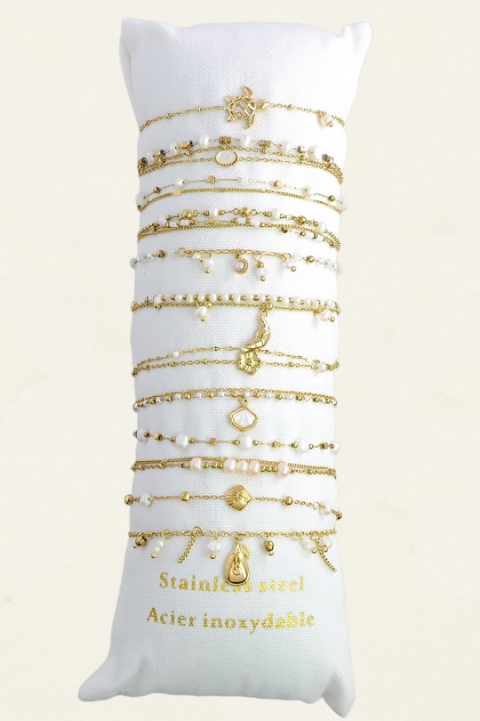 309-10Lot de 12 bracelets en acier inoxydable doré – perles d’eau douce & autres matériaux-BLANC
