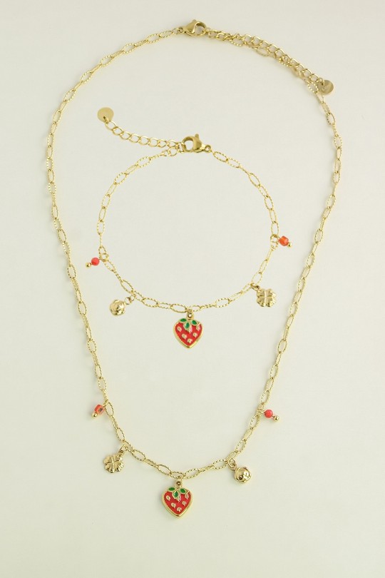A0922B-N Parure dorée en acier inoxydable avec pendentif fraise-ROUGE