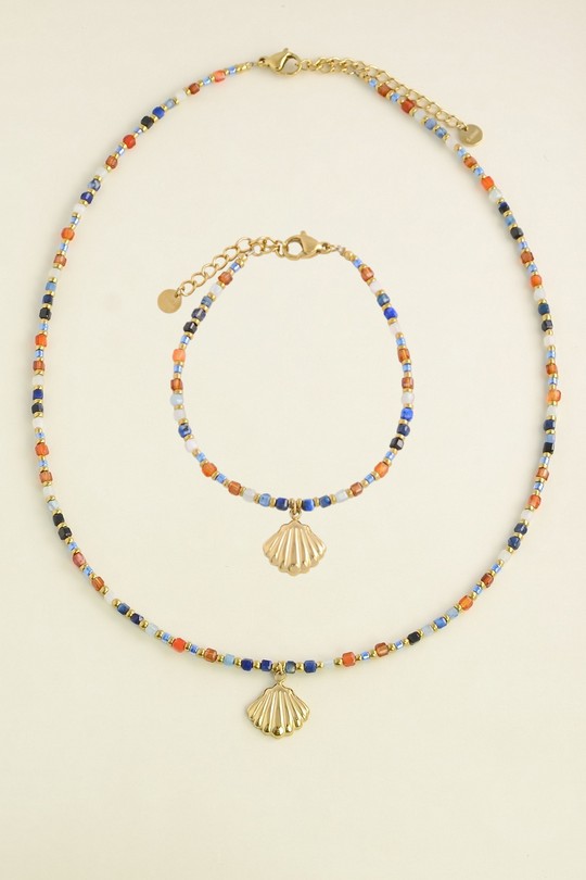 A0894B-N Parure dorée en acier inoxydable, pierres facettées, perles de rocaille et pendentif coquillage-MULTICOULEUR