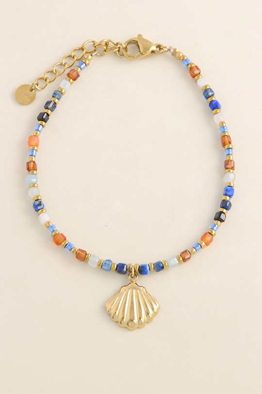 A0894B-Bracelet doré en acier inoxydable, pierres facettées, perles de rocaille et pendentif coquillage-MULTICOULEUR