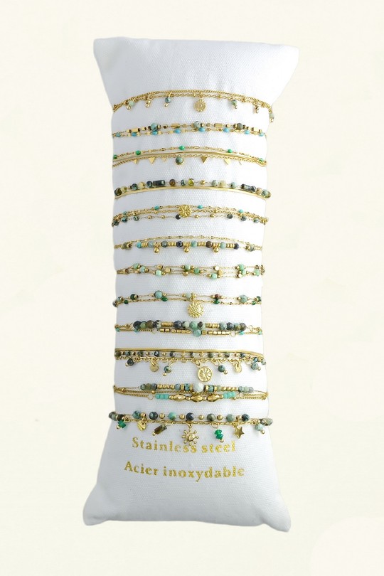 3605-3 Lot de 12 bracelets en acier inoxydable doré – pierres & autres matériaux– 2 rangs / 3 rangs-VERT