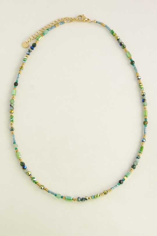 A0898N-Collier doré en acier inoxydable, pierres facettées et perles de rocaille-VERT FONCÉ